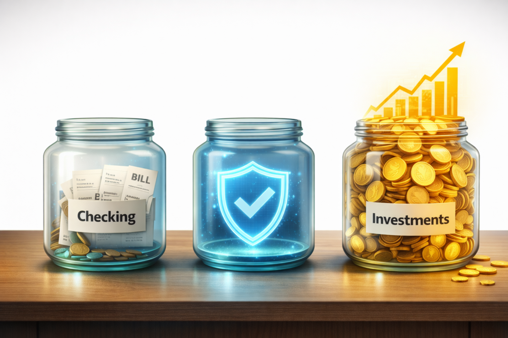 An illustration of the 3-pocket money system showing a checking account, an emergency fund, and a long-term investment account.