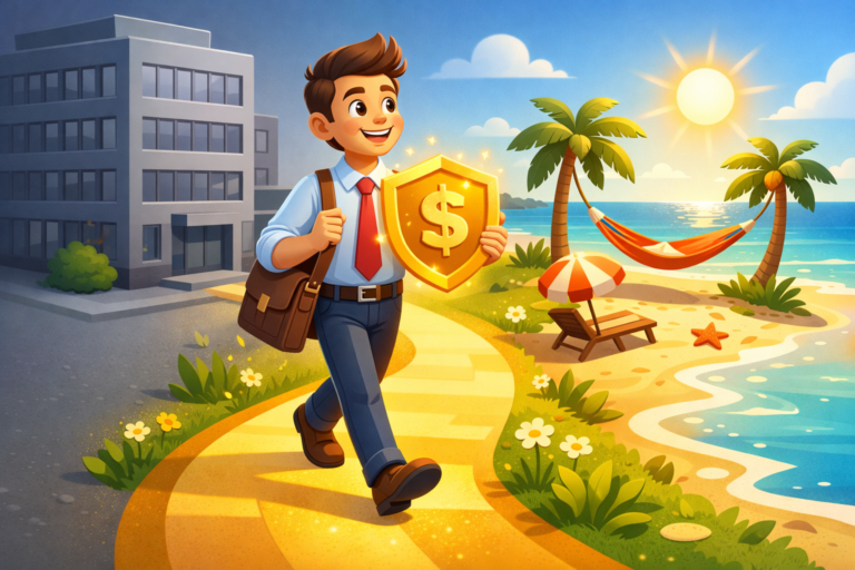 A confident investor holding a financial shield, walking away from corporate life towards early retirement.