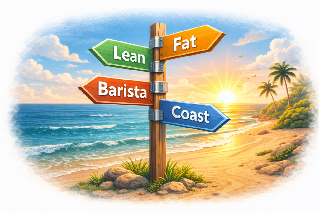 illustration showing a crossroads with four different path signs pointing in different directions. The signs read 'Lean', 'Fat', 'Barista', and 'Coast'. In the background, a bright, glowing sun rising over a peaceful beach, symbolizing financial freedom.