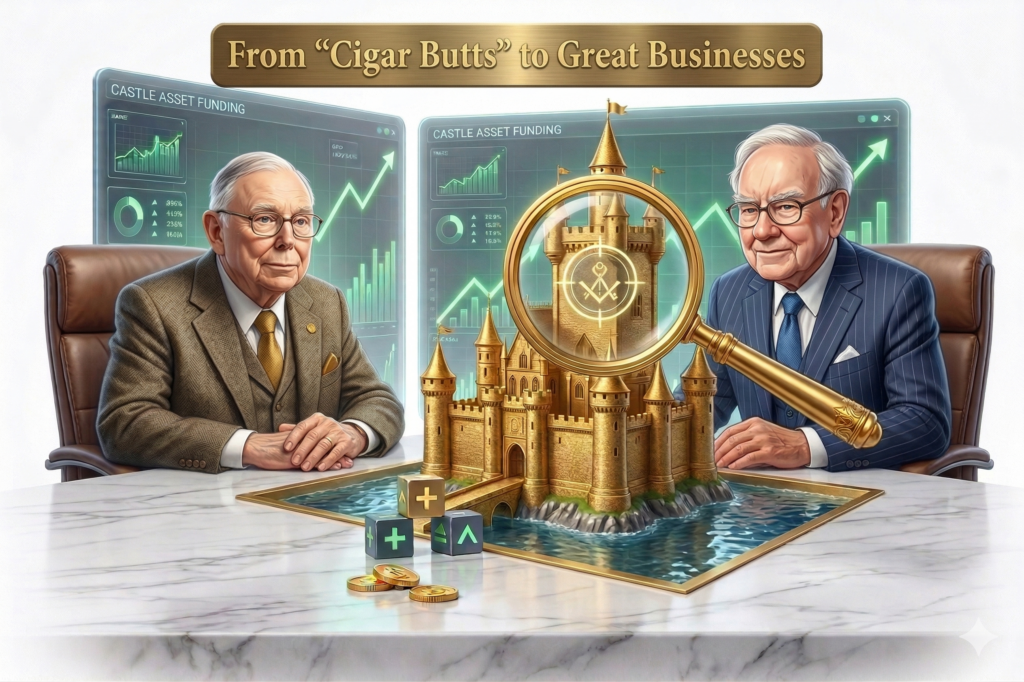 3D illustration of a golden castle with a deep moat and a magnifying glass, representing Warren Buffett and Charlie Munger's economic moat and circle of competence strategy.