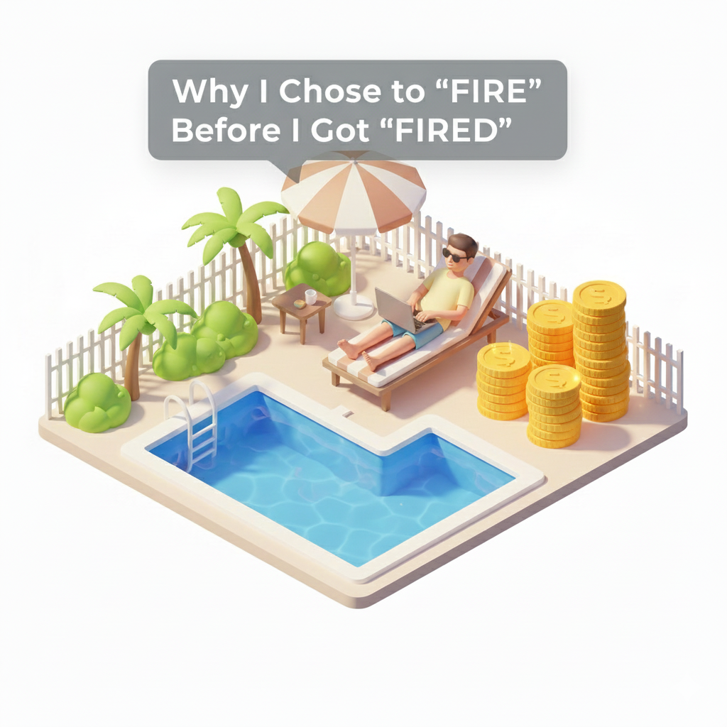 A relaxed investor working by a swimming pool with growing stacks of coins, representing passive income