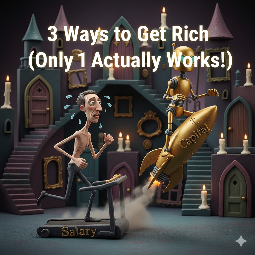 One person is sweating and running on a treadmill labeled 'Salary'. Next to them, a golden robot or smart machine is effortlessly flying upward on a rocket labeled 'Capital', leaving the runner behind.