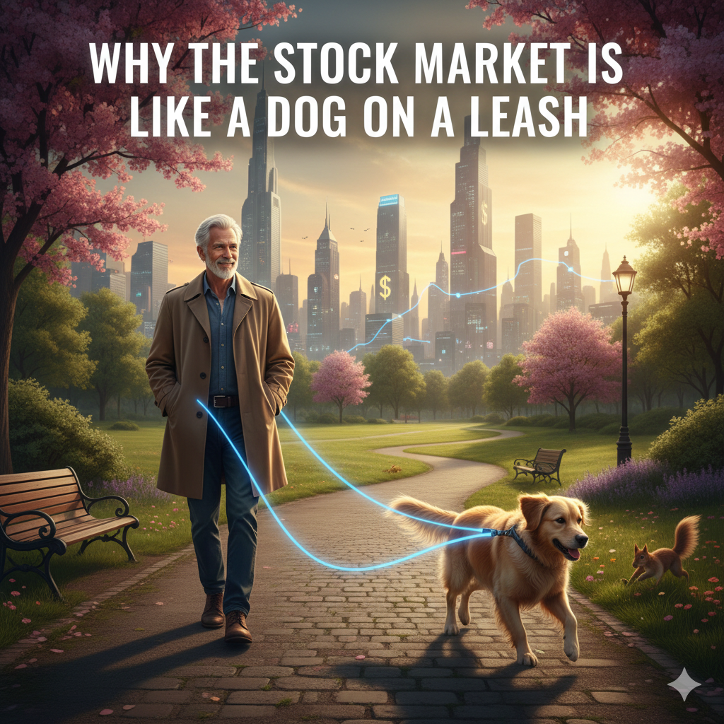 A man walking a dog to explain stock market volatility for simple investing