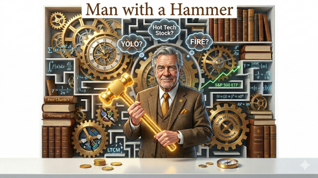 3D illustration of an investor holding a hammer, representing Charlie Munger's warning about relying on a single mental model.