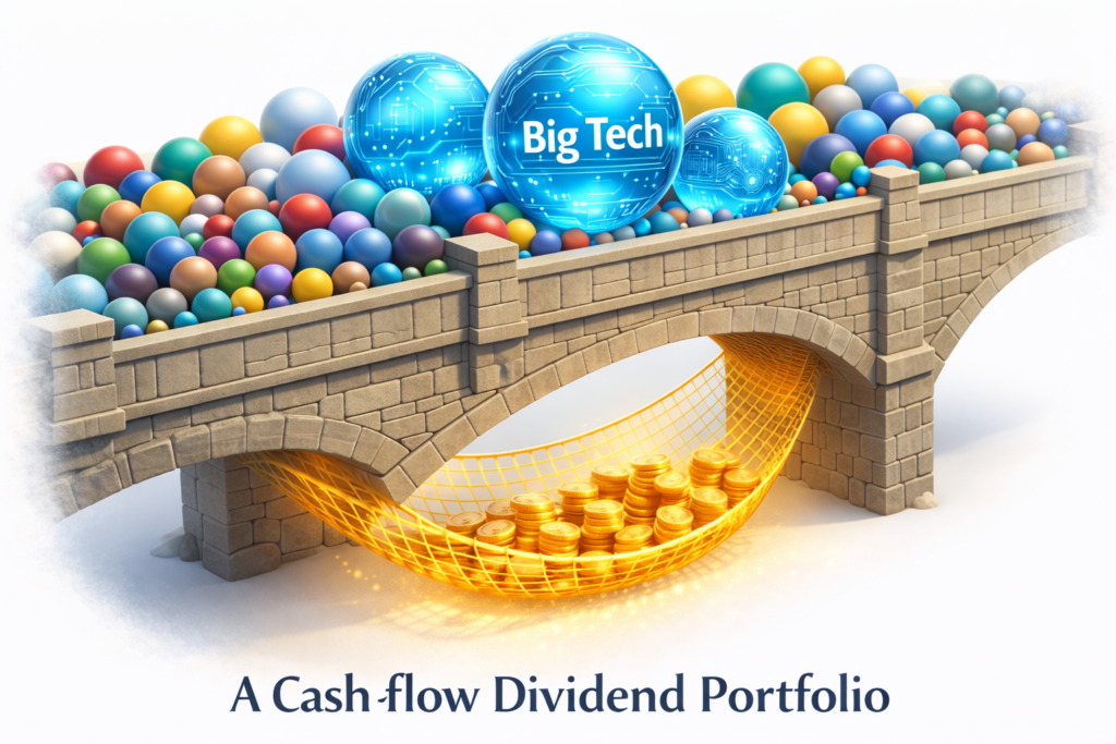 A conceptual illustration showing how a broad index fund and a dividend safety net protect a FIRE portfolio from Big Tech concentration risks.