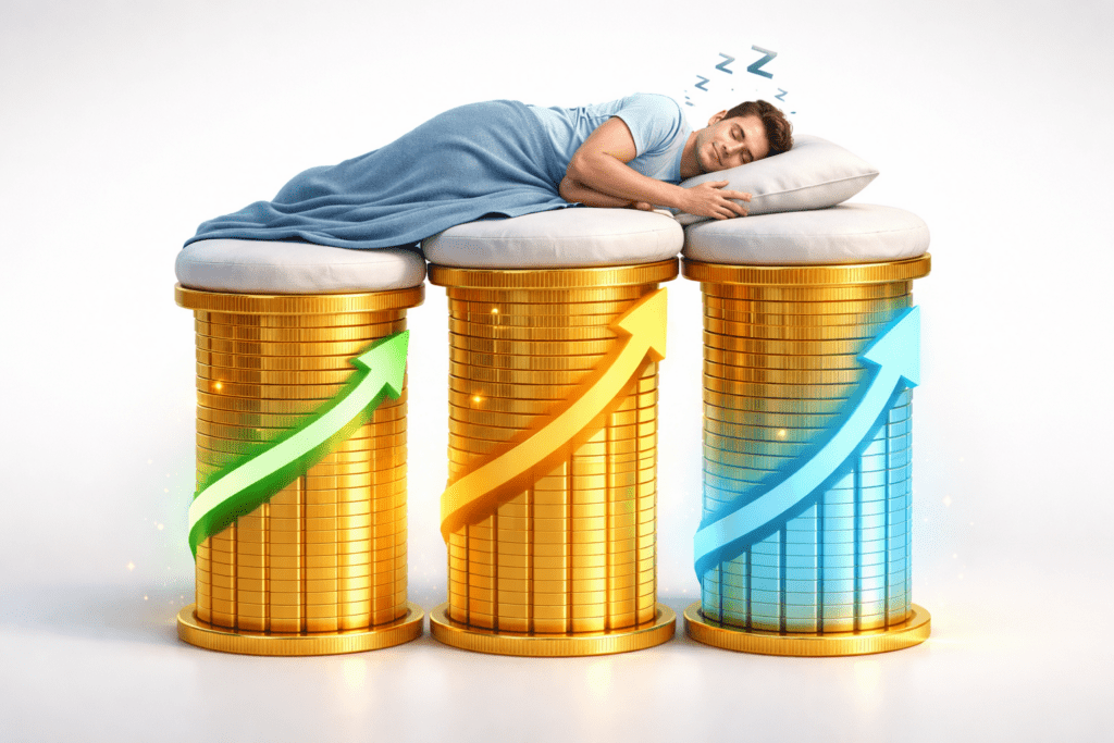 3D illustration of three pillars representing retirement funds supporting a peaceful investor.