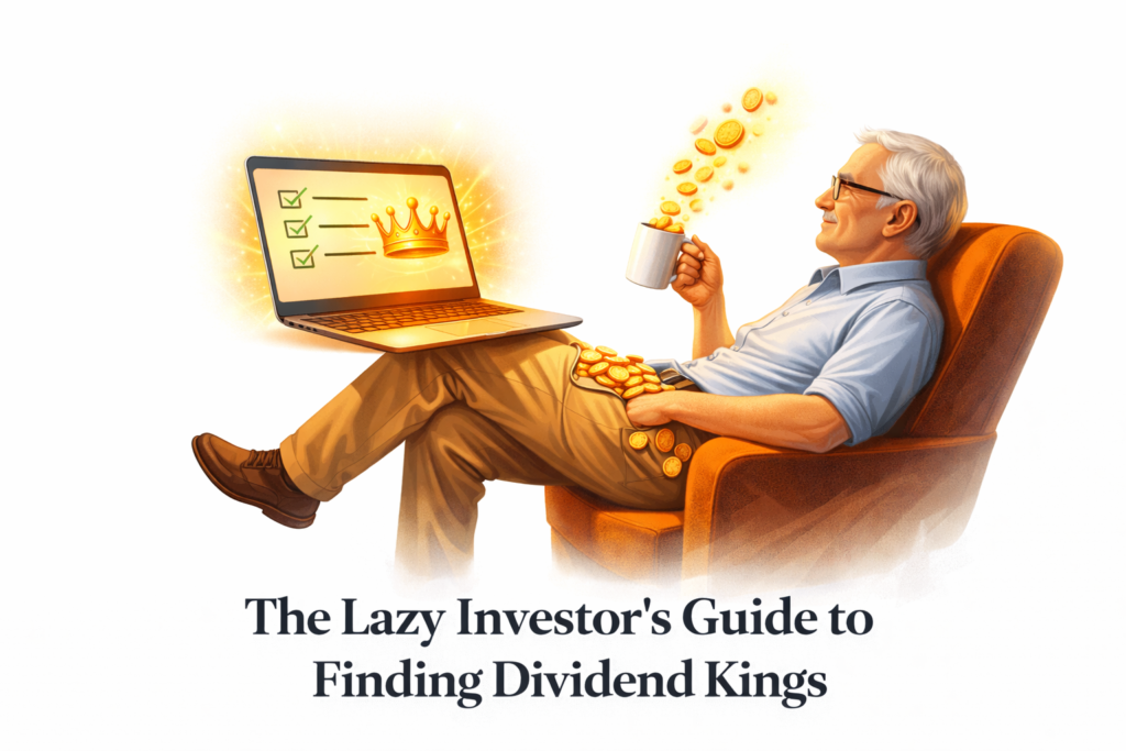 illustration of a relaxed investor sitting in a comfortable chair, looking at a glowing laptop screen showing a simple checklist and a golden crown. A sturdy pipeline of coins flows into their coffee mug.