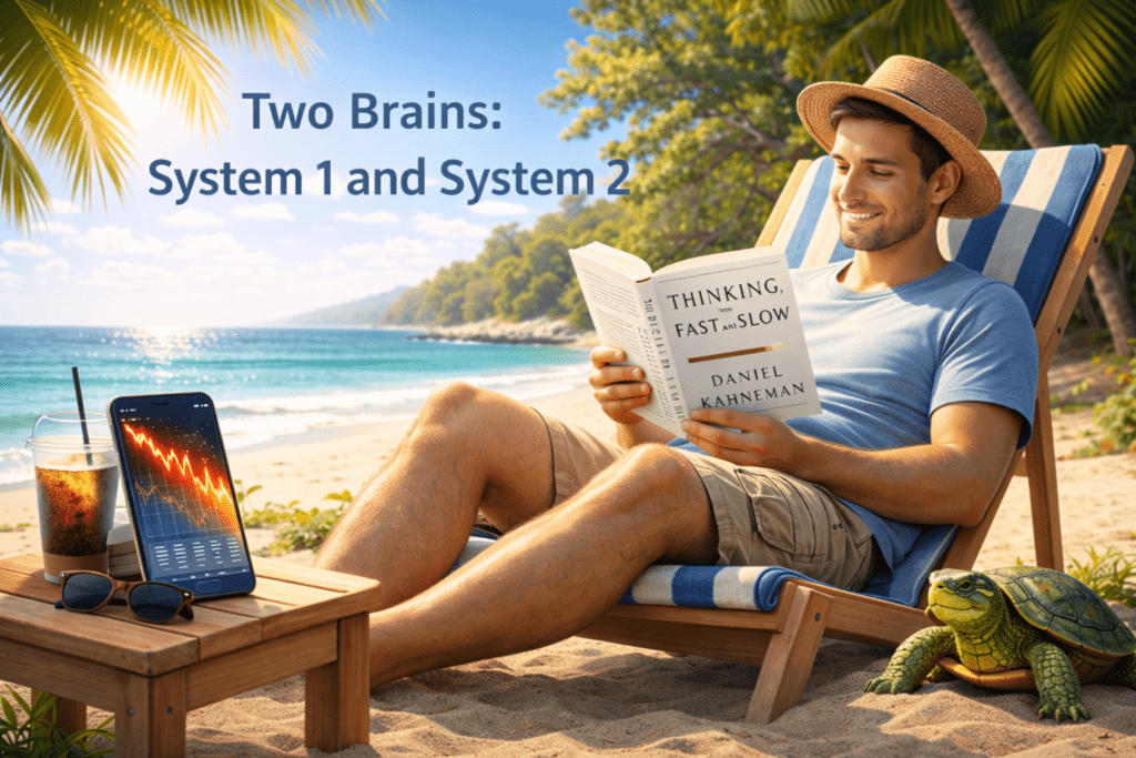3D illustration of a fast red brain and a slow blue brain representing System 1 and System 2 thinking in behavioral economics and investing.