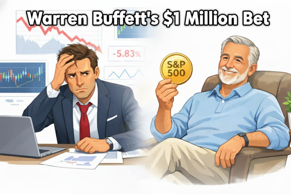 A split-screen illustration. On the left, a stressed Wall Street banker in a fancy suit surrounded by complex charts. On the right, a relaxed, smiling older investor sitting in a comfortable chair, holding a single golden coin with 'S&P 500' written on it