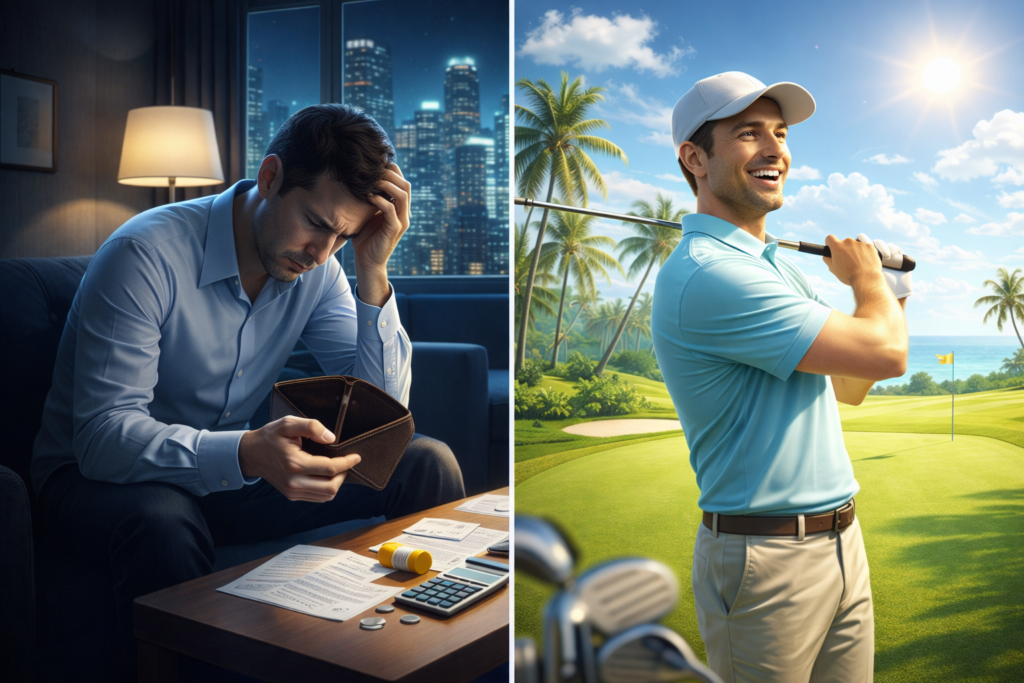 illustration split into two sides. On the left side, a stressed person sitting in a dark, expensive, cramped city apartment looking at an empty wallet. On the right side, a relaxed person happily playing golf under a bright, sunny tropical sky.