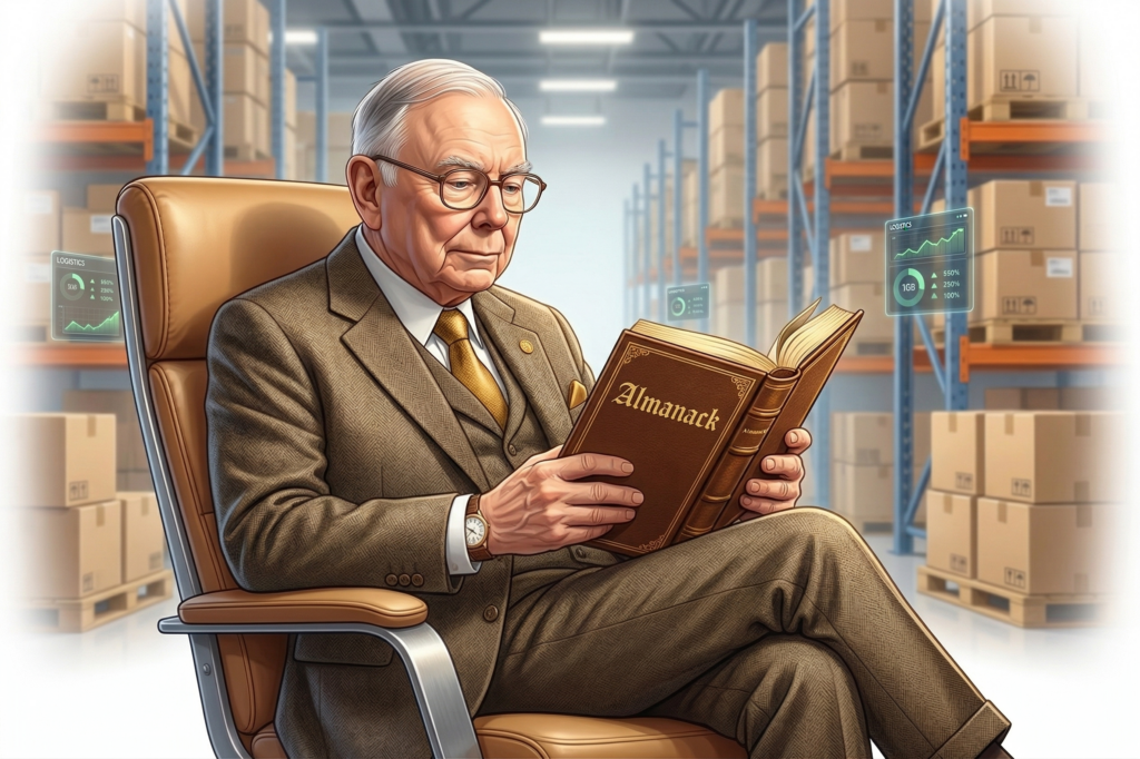 3D illustration of Charlie Munger reading his Almanack with a Costco-style warehouse in the background, representing his investment philosophy.