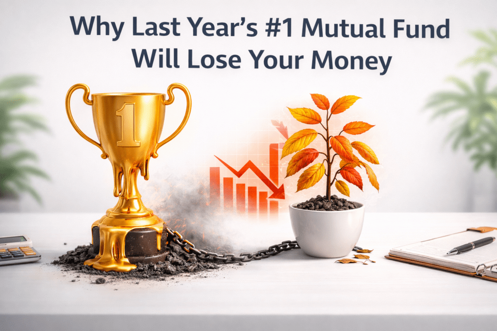 3D illustration of a melting gold trophy next to a growing plant, representing regression to the mean and long term index fund investing.