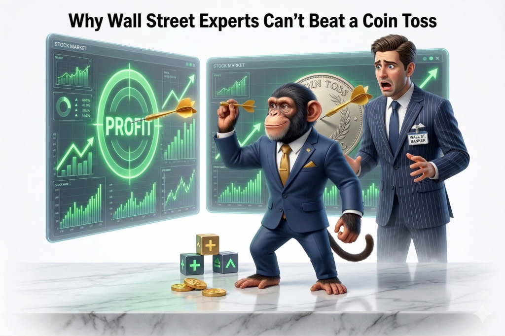 3D illustration of a monkey throwing a dart at a stock board, representing the illusion of skill in Wall Street investing and the unpredictability of the market.