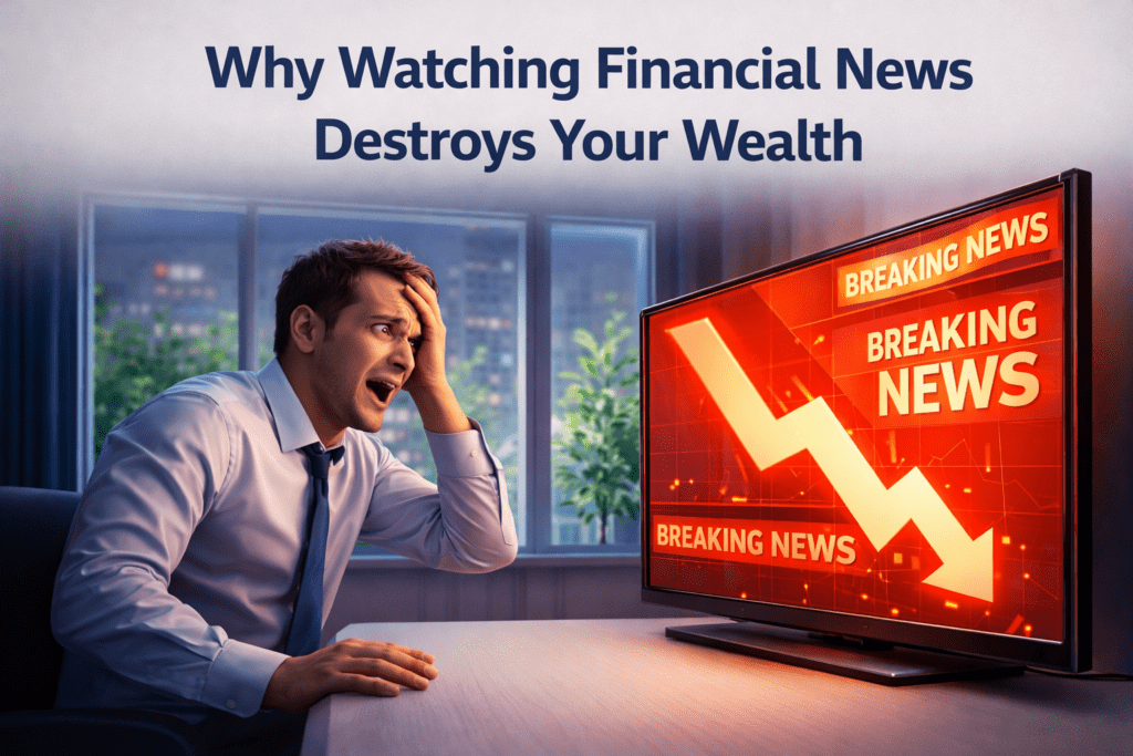 3D illustration of a panicked investor watching financial news, representing the availability heuristic in behavioral finance.