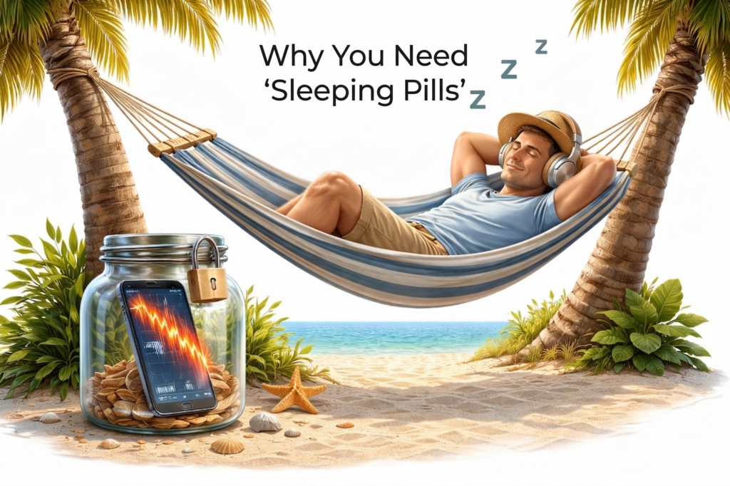 3D illustration of a peaceful investor sleeping while a smartphone with a stock chart is locked away, representing the sleeping pill investment strategy.