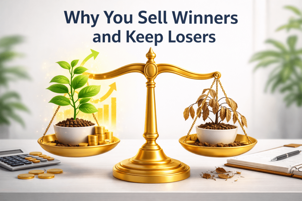 3D illustration of a golden scale weighing a healthy plant and a dying plant, representing the disposition effect and portfolio management.