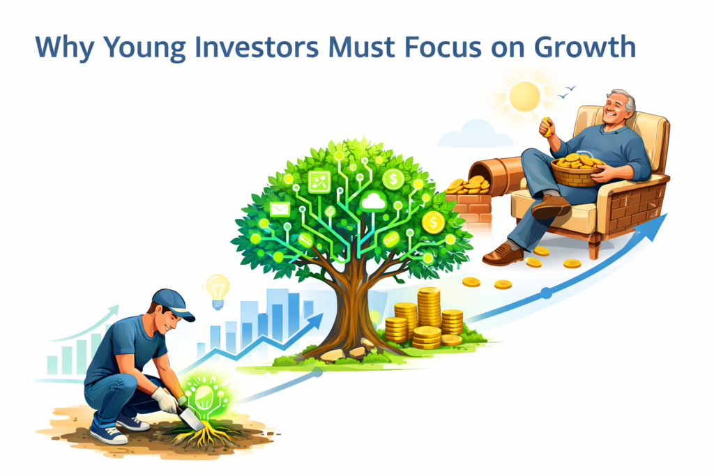 illustration of a financial life timeline. On the lower left, a young investor plants a glowing green tech seed (representing growth stocks). In the middle, a thriving digital tree. On the upper right, a relaxed older investor sits in a comfortable chair, harvesting golden coins from a sturdy brick pipeline (representing dividend income)