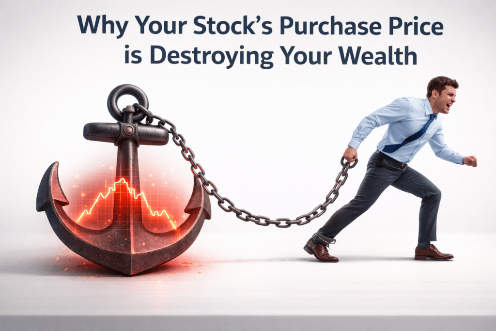 3D illustration of an investor tied to a heavy anchor, representing the anchoring effect in behavioral finance and stock market losses.