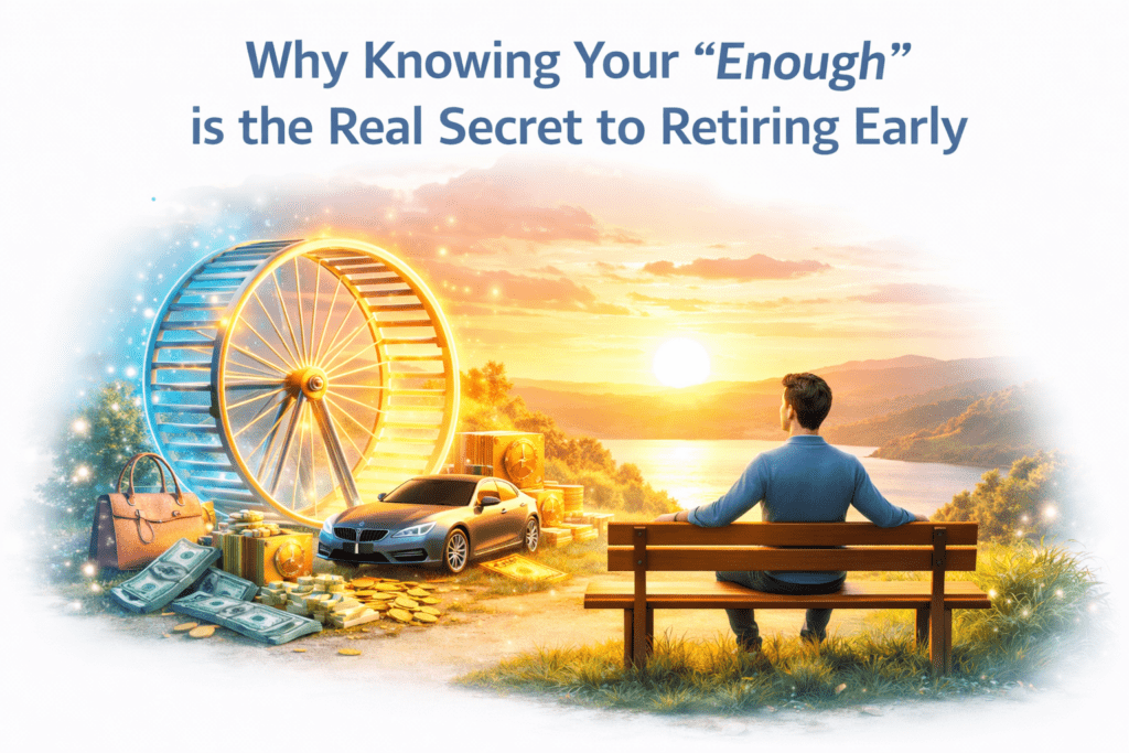 3D illustration of a peaceful investor ignoring the rat race and luxury items, representing the concept of having enough money and true wealth.