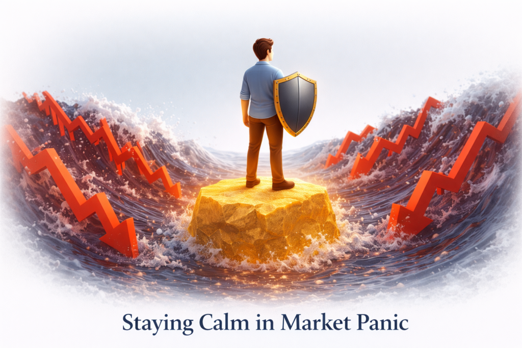 A conceptual illustration showing an investor staying calm and emotionally disciplined during a bear market crash, following Warren Buffett's advice.
