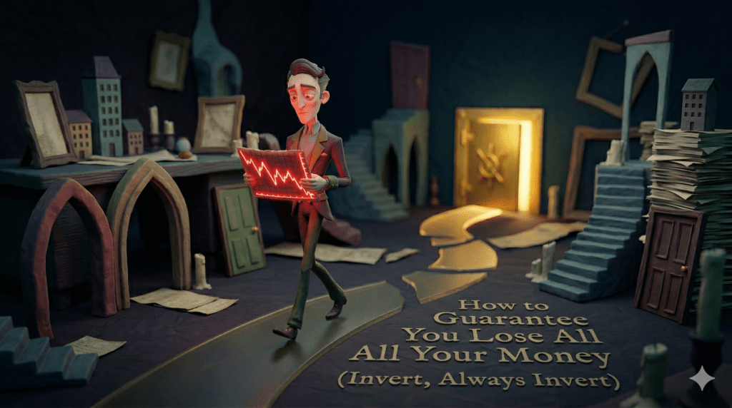 3D illustration of an investor looking at a downward blueprint, representing Charlie Munger's invert always invert strategy to avoid losing money.