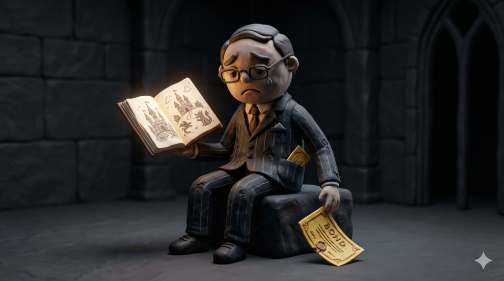 3D clay illustration of an investor realizing they bought a story instead of a sound investment, representing the illusion of control.
