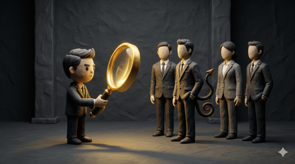 3D clay illustration of an investor analyzing corporate executives to find a trustworthy CEO, representing Charlie Munger's seamless web of deserved trust.