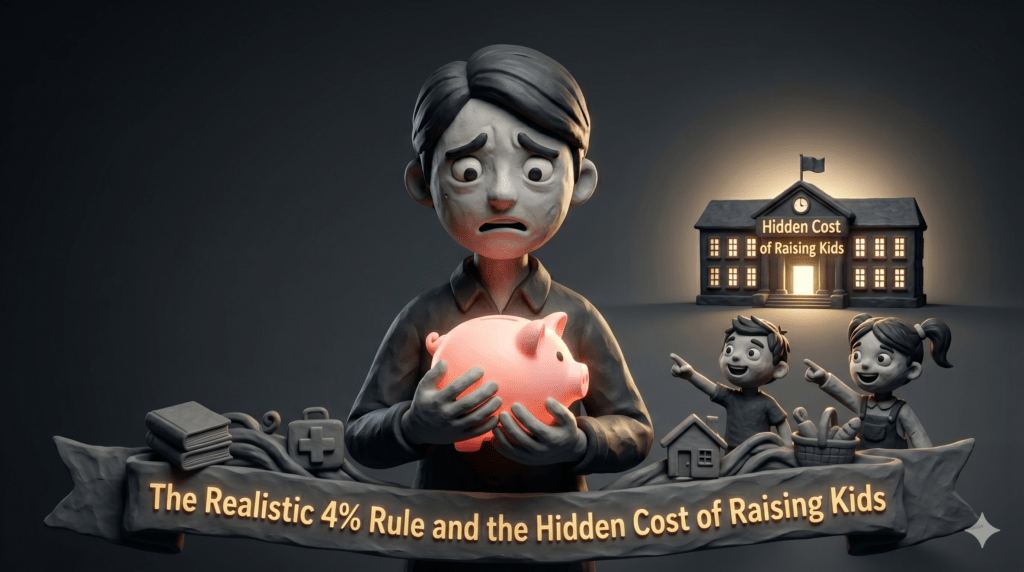 3D clay illustration of a parent balancing retirement savings with children's education costs, representing the realistic FIRE movement.
