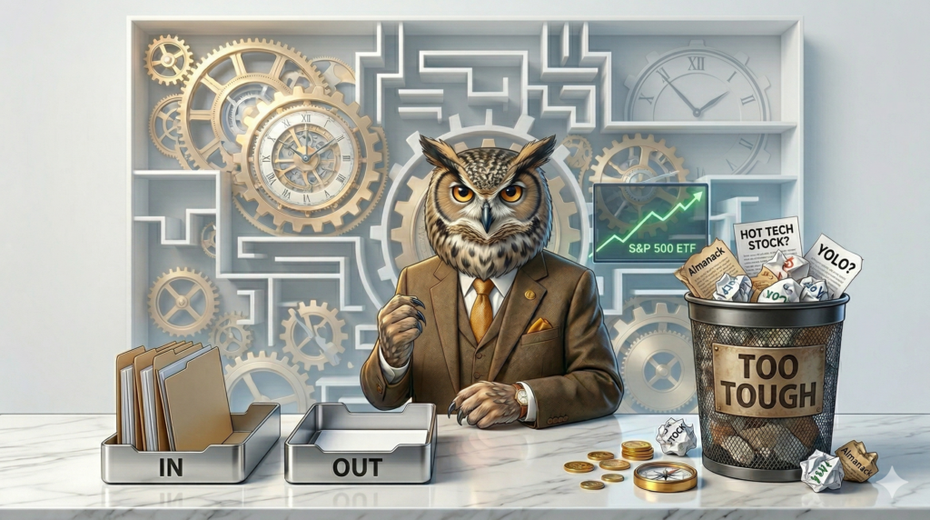 3D illustration of Charlie Munger's three baskets for investing: In, Out, and Too Tough to Understand.