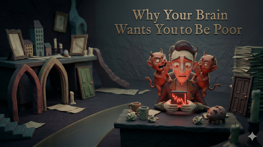 3D clay illustration of an anxious investor being manipulated by psychological biases, representing Charlie Munger's psychology of human misjudgment.