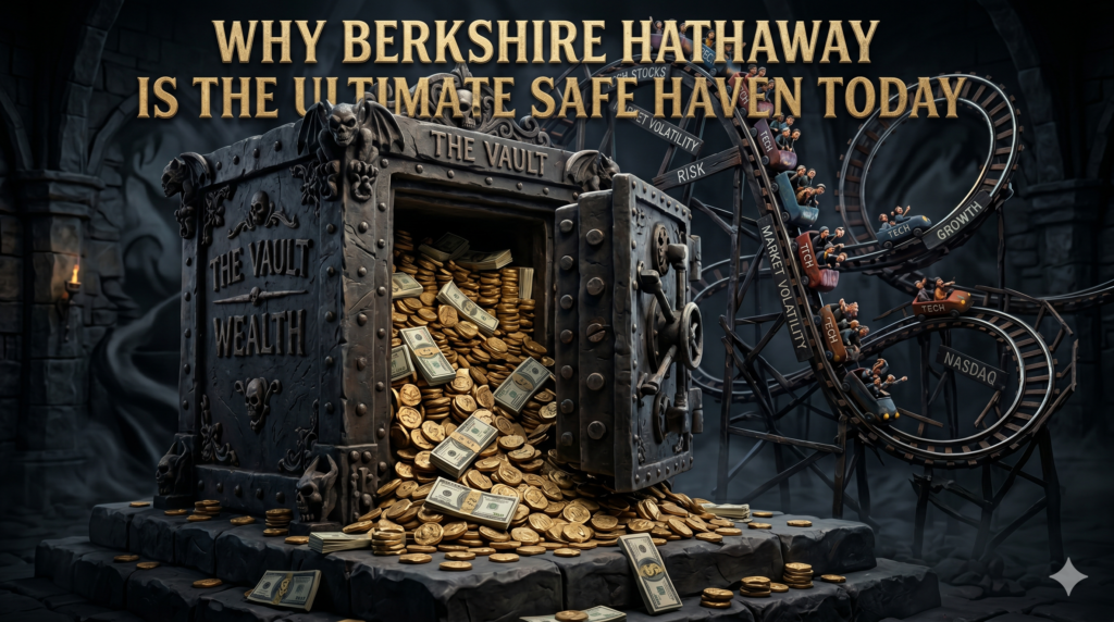 3D clay illustration of a giant safe full of cash, representing Berkshire Hathaway's massive cash reserves and defensive investment strategy.