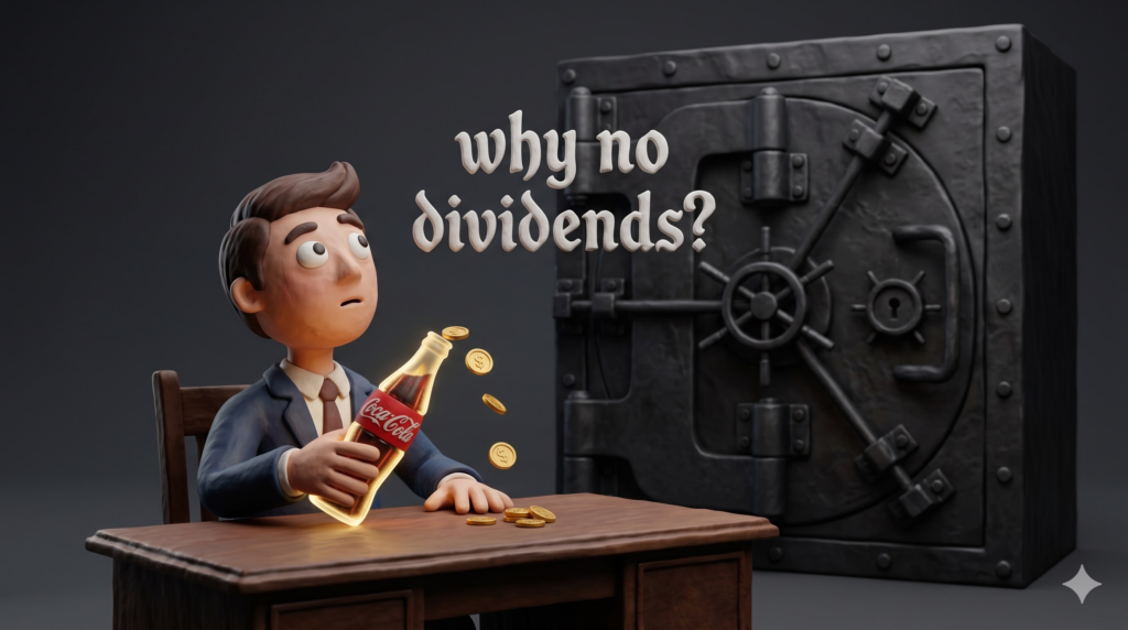 A premium 3D claymation illustration, dark gothic style with high contrast. A cute but thoughtful clay figure of an everyday investor sitting at a vintage wooden desk, holding a glowing Coca-Cola glass bottle that is dropping golden coins, while looking up at a massive, heavily locked iron vault in the background. Minimalistic dark gray background, moody dramatic lighting, highly detailed clay texture, 8k, professional finance art